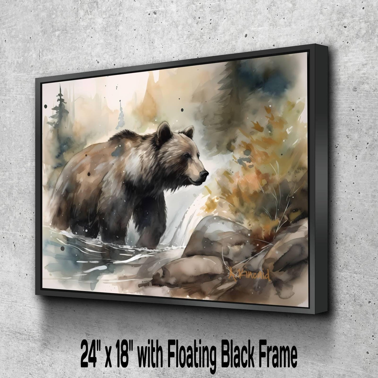 A painting of a bear standing in a river, with a forest in the background.
