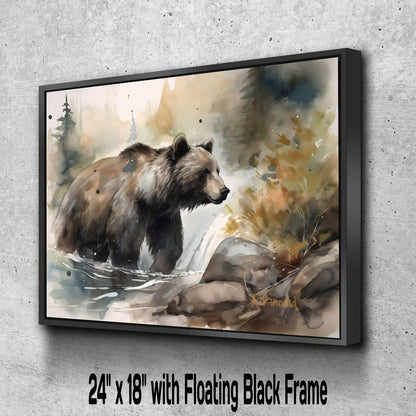 A painting of a bear standing in a river, with a forest in the background.