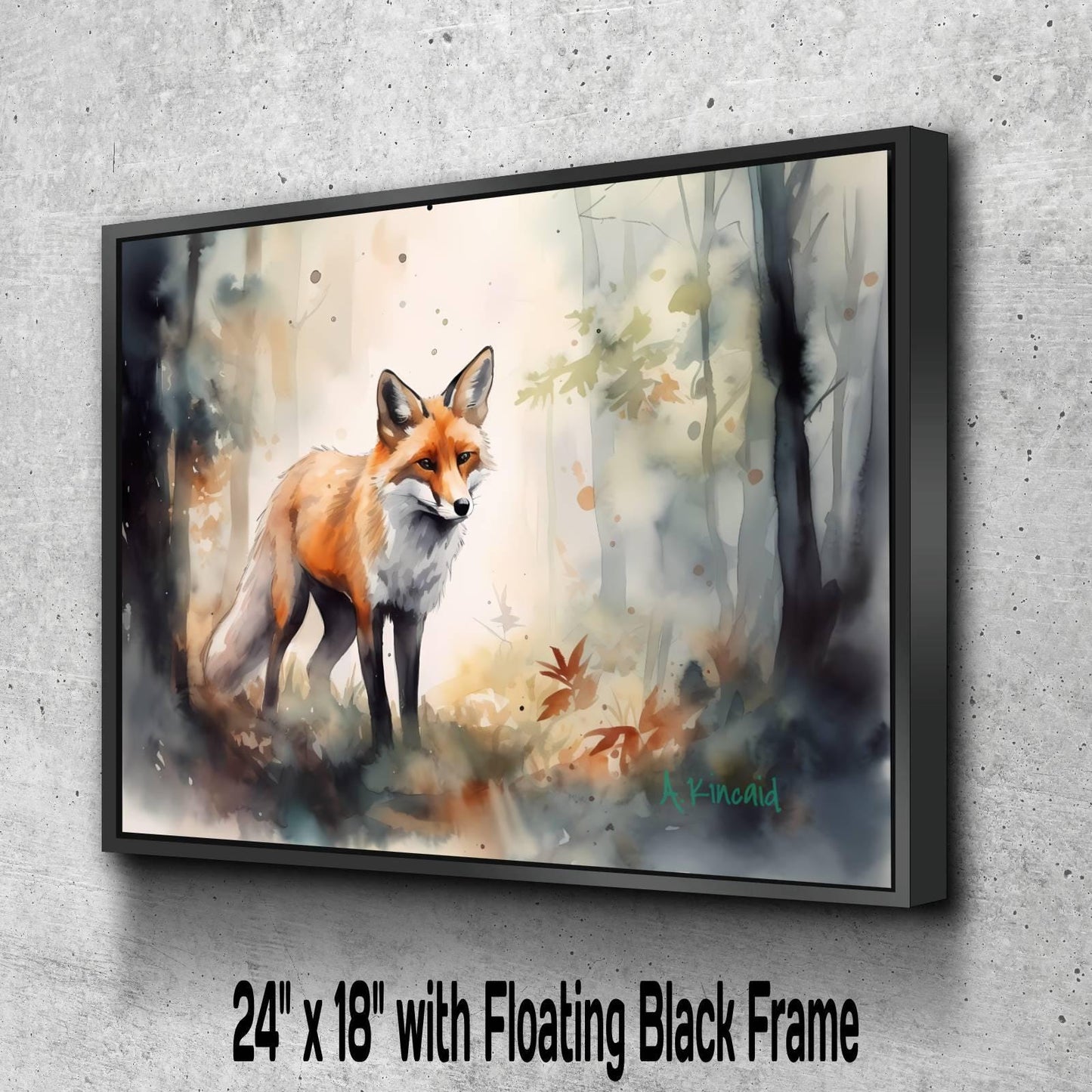 A digital painting of a fox in a forest setting, with a floating black frame.