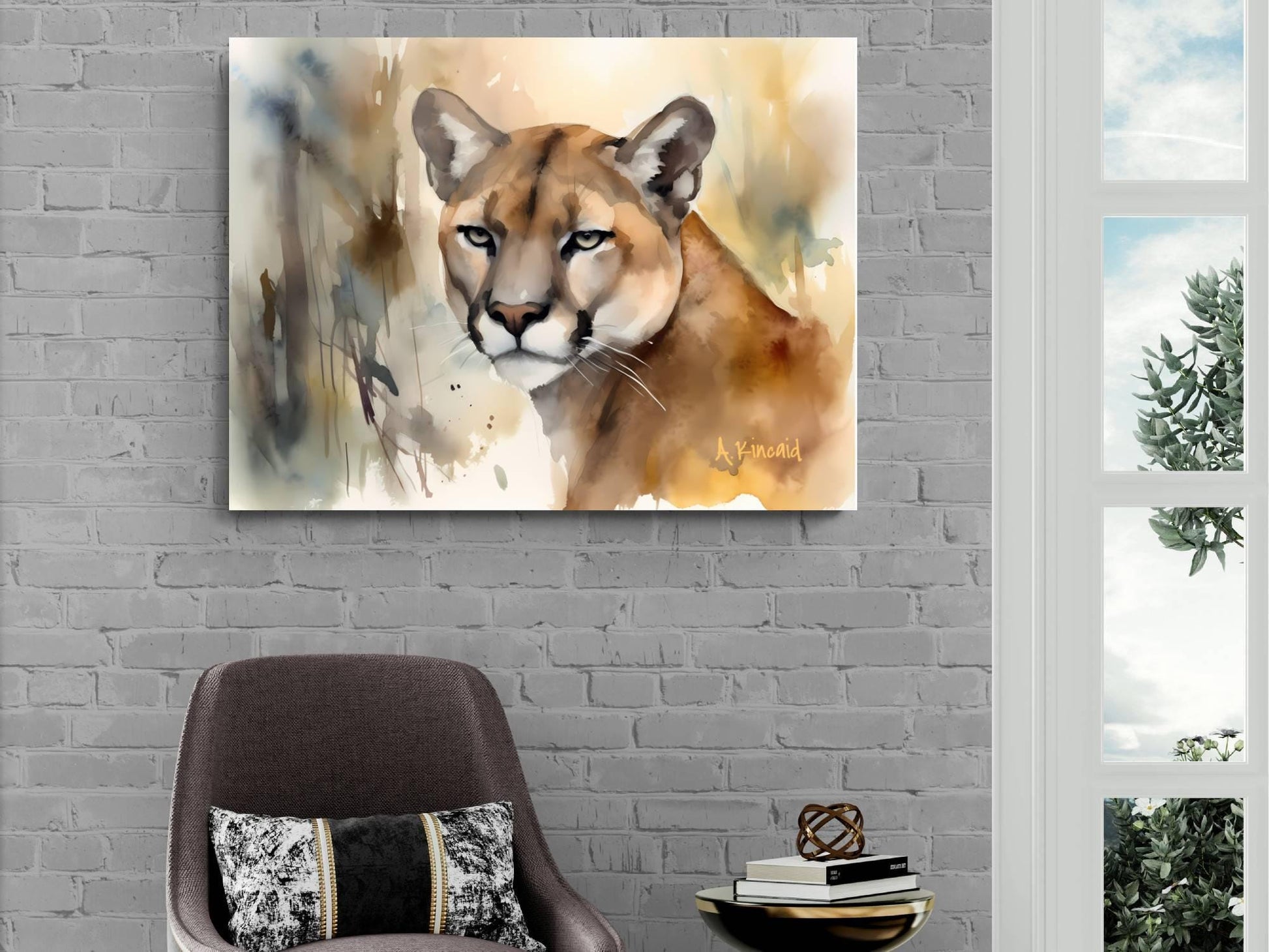 a large painting of a cougar, a type of mountain lion, hanging on a brick wall. The painting is surrounded by a brick wall, and there is a chair and a small table with decorative items placed in front of it.