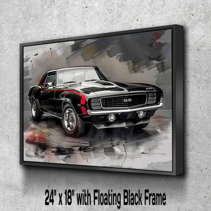 1969 Chevrolet Camaro RS/SS Black and Red Canvas Print | Vintage Auto Wall Art Decor | Retro Muscle Car | Car Lovers Poster Gift