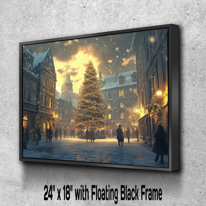 Christmas Town Square Print | Snowy Evening Tree Lights Wall Art | Holiday Market Scene Painting | Festive Winter Village |Xmas Street Decor