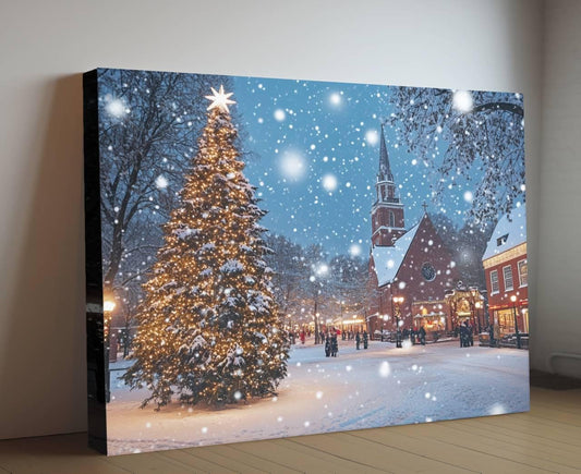 Christmas Tree Town Square Print | Snowy Church Holiday Wall Art | Festive Winter Village Scene | Xmas Lights Snow Painting | Holiday Decor