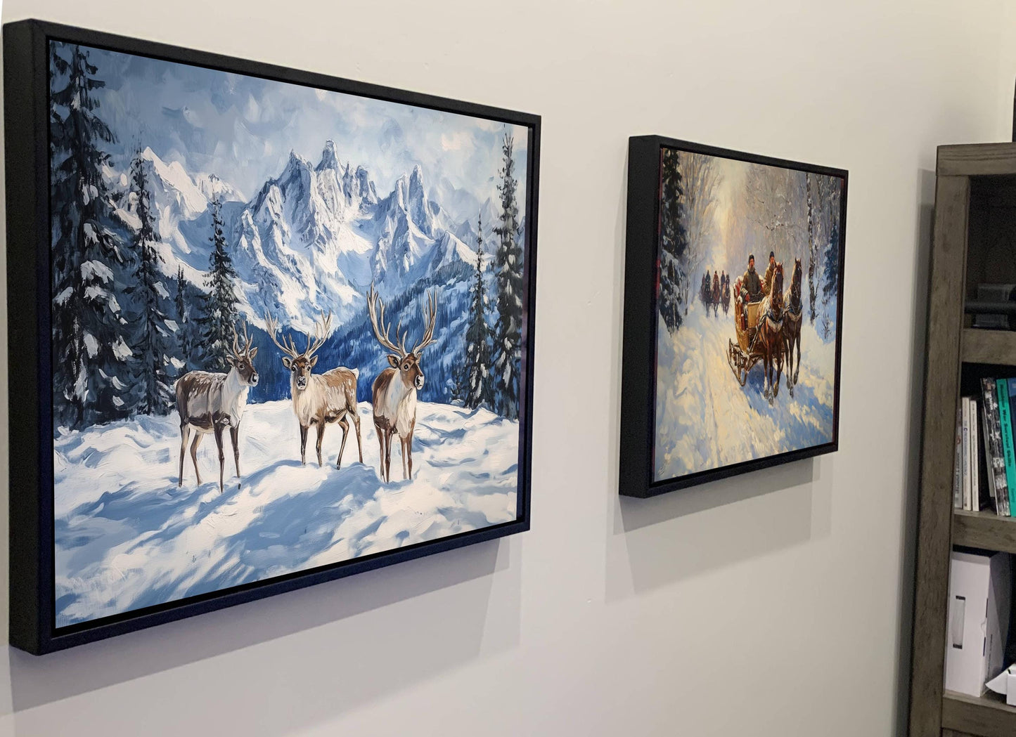 Winter Reindeer Art Print | Snowy Mountain Landscape Wall Decor | Christmas Caribou Nature Painting | Alpine Wildlife Scene | Xmas Animals