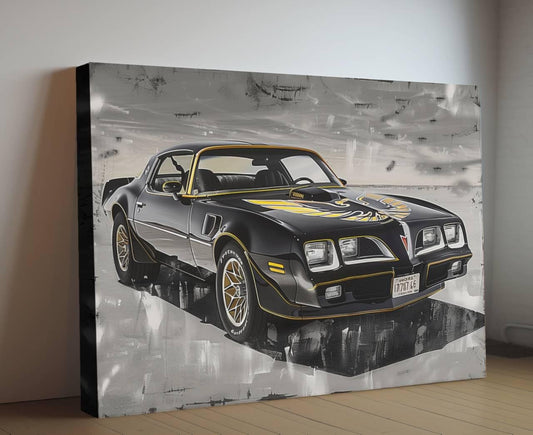 1976 Pontiac Trans Am Firebird Black Gold Canvas Print | Vintage Auto Wall Art Decor | Retro Sports Car | Car Lovers Poster Gift