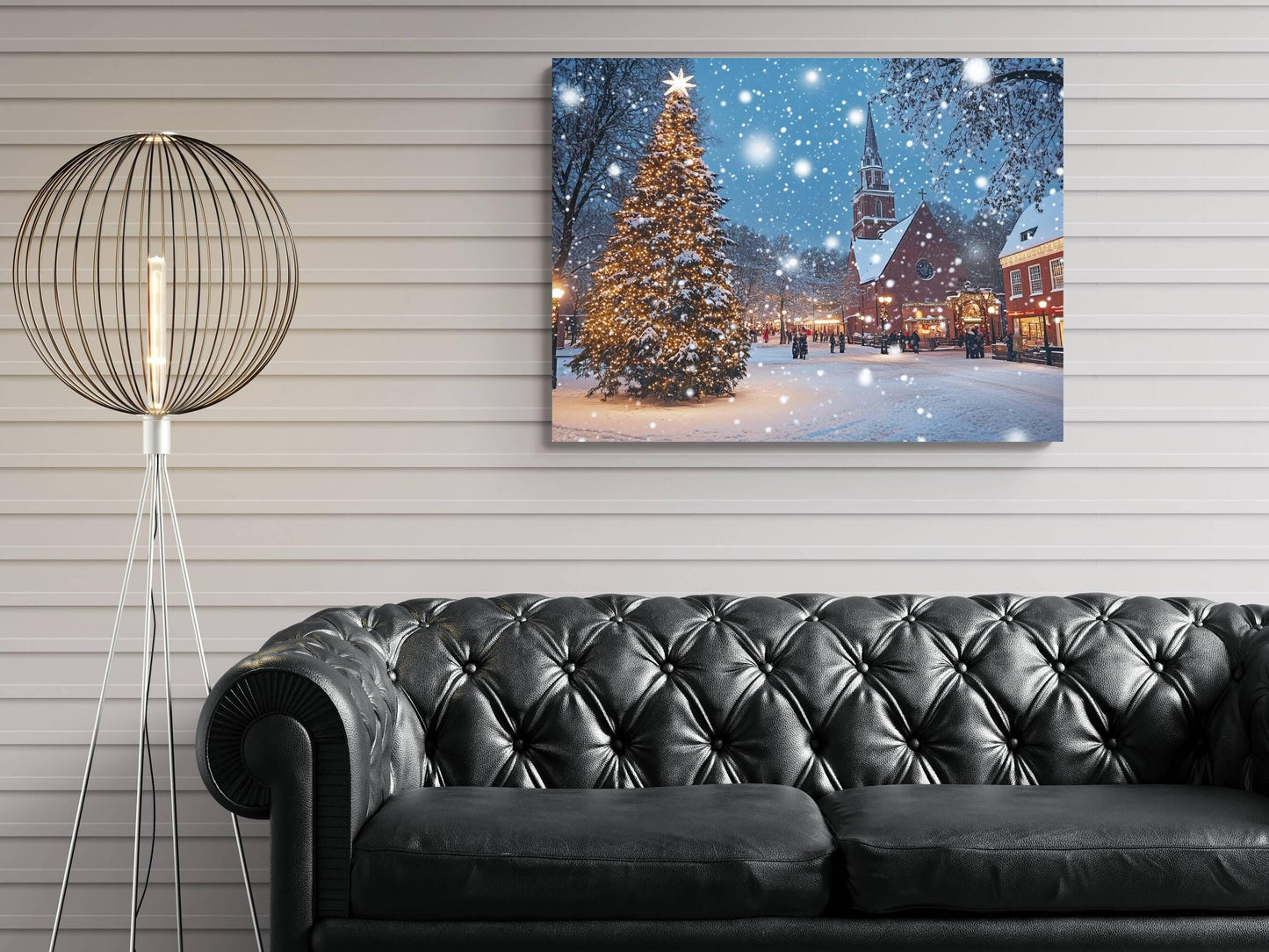 Christmas Tree Town Square Print | Snowy Church Holiday Wall Art | Festive Winter Village Scene | Xmas Lights Snow Painting | Holiday Decor