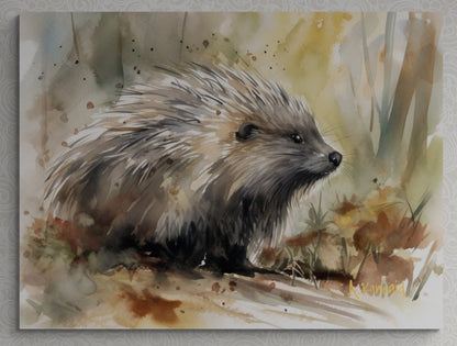 a watercolor painting of a porcupine