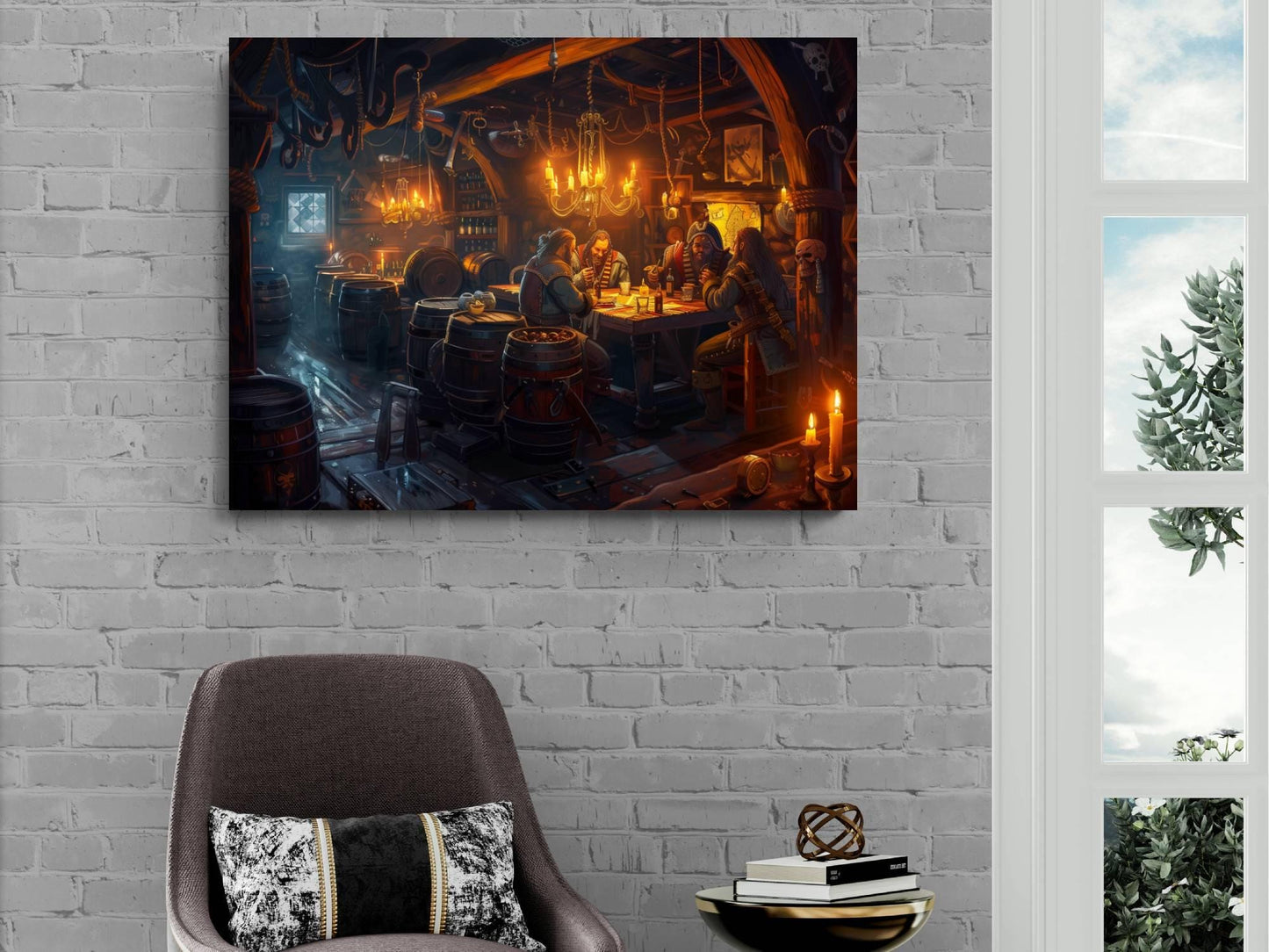 Pirate Tavern Interior Canvas, Rum Bar Scene Print, Nautical Pub Wall Decor, Golden Candlelight Maritime Painting, Seafarer Hideout