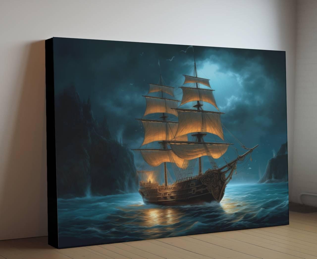 Pirate Ship at Night Canvas Art, Glowing Sails Ocean Print, Dark Nautical Wall Decor, Moonlit Maritime Painting, Sailing Ship Artwork