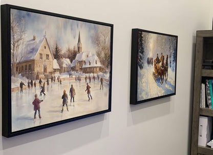 Winter Ice Skating Print | Snowy Village Rink Wall Art | Christmas Town Square Scene | Holiday Watercolor Painting | Festive Winter Activity