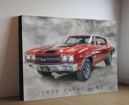 1970 Chevrolet Chevelle SS 454 Canvas Print | Vintage Auto Wall Art Decor | Black Red Retro Muscle Car | Car Lovers Poster Gift