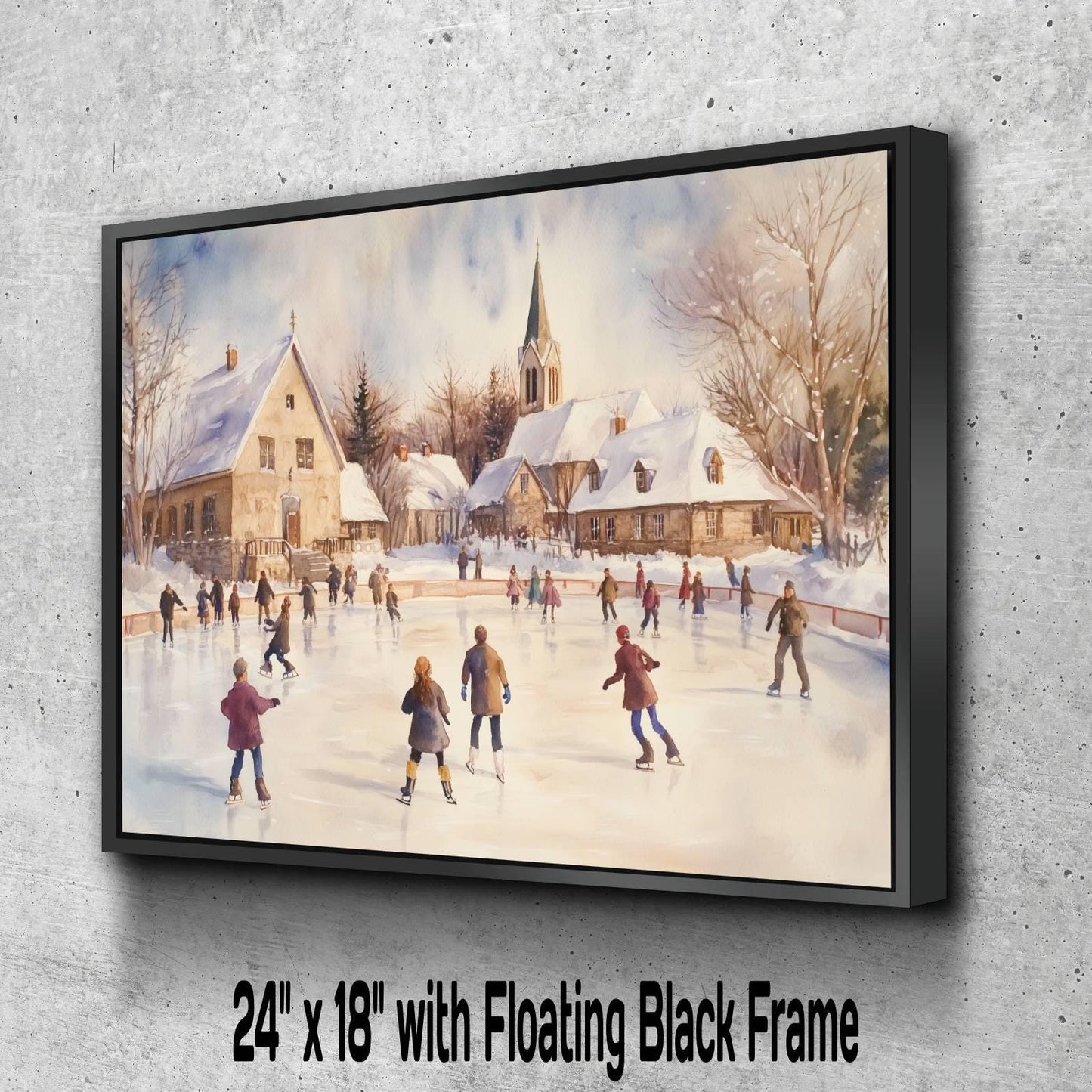 Winter Ice Skating Print | Snowy Village Rink Wall Art | Christmas Town Square Scene | Holiday Watercolor Painting | Festive Winter Activity