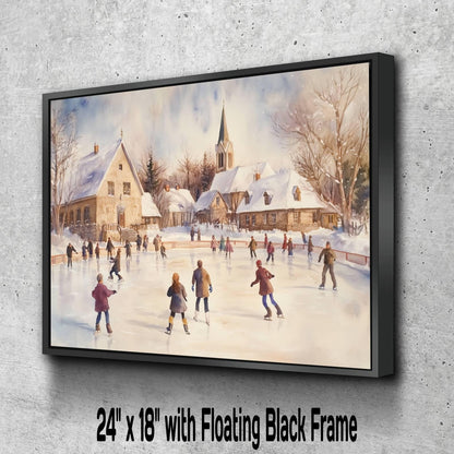 Winter Ice Skating Print | Snowy Village Rink Wall Art | Christmas Town Square Scene | Holiday Watercolor Painting | Festive Winter Activity