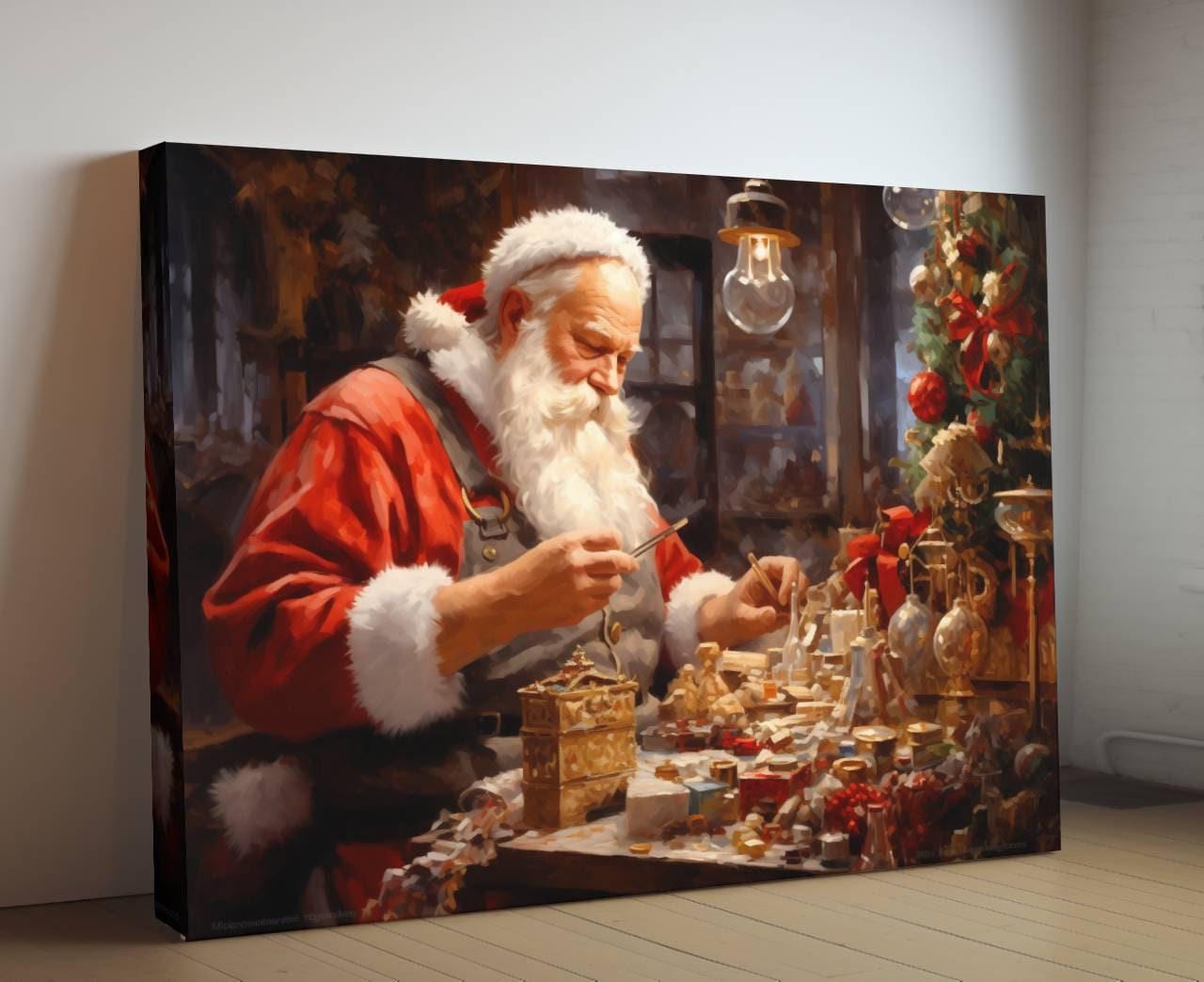 Santa Claus Print - Santa Claus Crafting Toys, Traditional Christmas Decor, Holiday Artwork, Festive Season Canvas Print, Santa Workshop