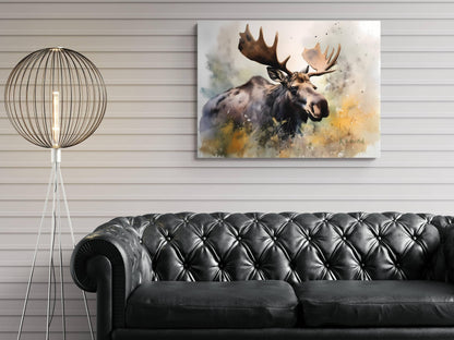 a large moose with large antlers, which is the central focus of the painting displayed on the wall above a black leather couch.