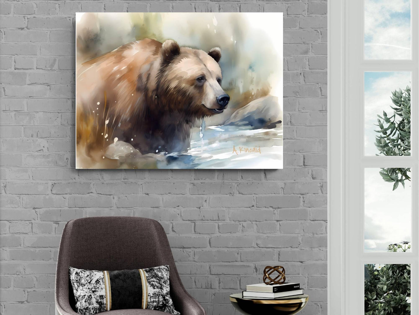 a painting of a brown bear in a natural setting, hanging on a brick wall above a brown armchair.