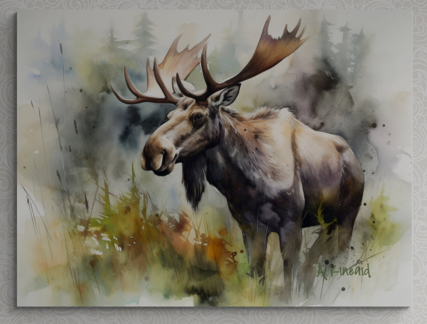 a painting of a moose standing in a field
