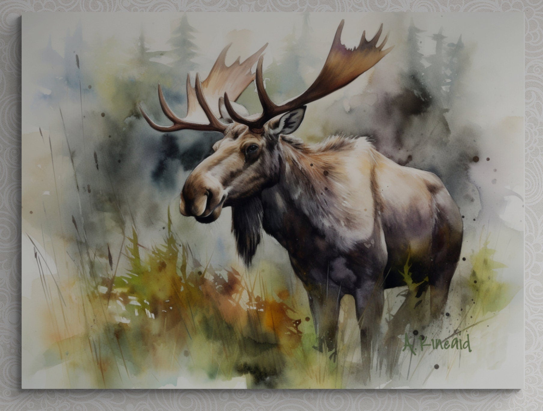 a painting of a moose standing in a field