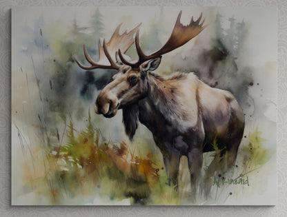 a painting of a moose standing in a field