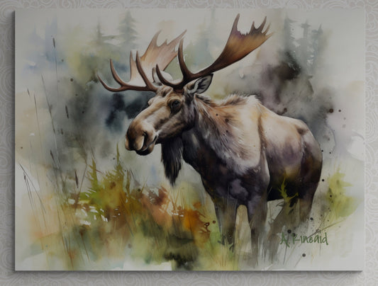 a painting of a moose standing in a field
