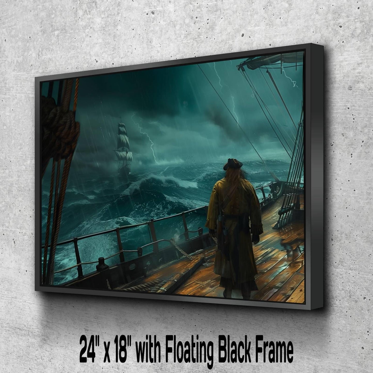 Pirate Captain Storm Deck Canvas, Lightning Ocean Print, Ship Battle Watch Wall Decor, Dramatic Maritime Tempest Painting