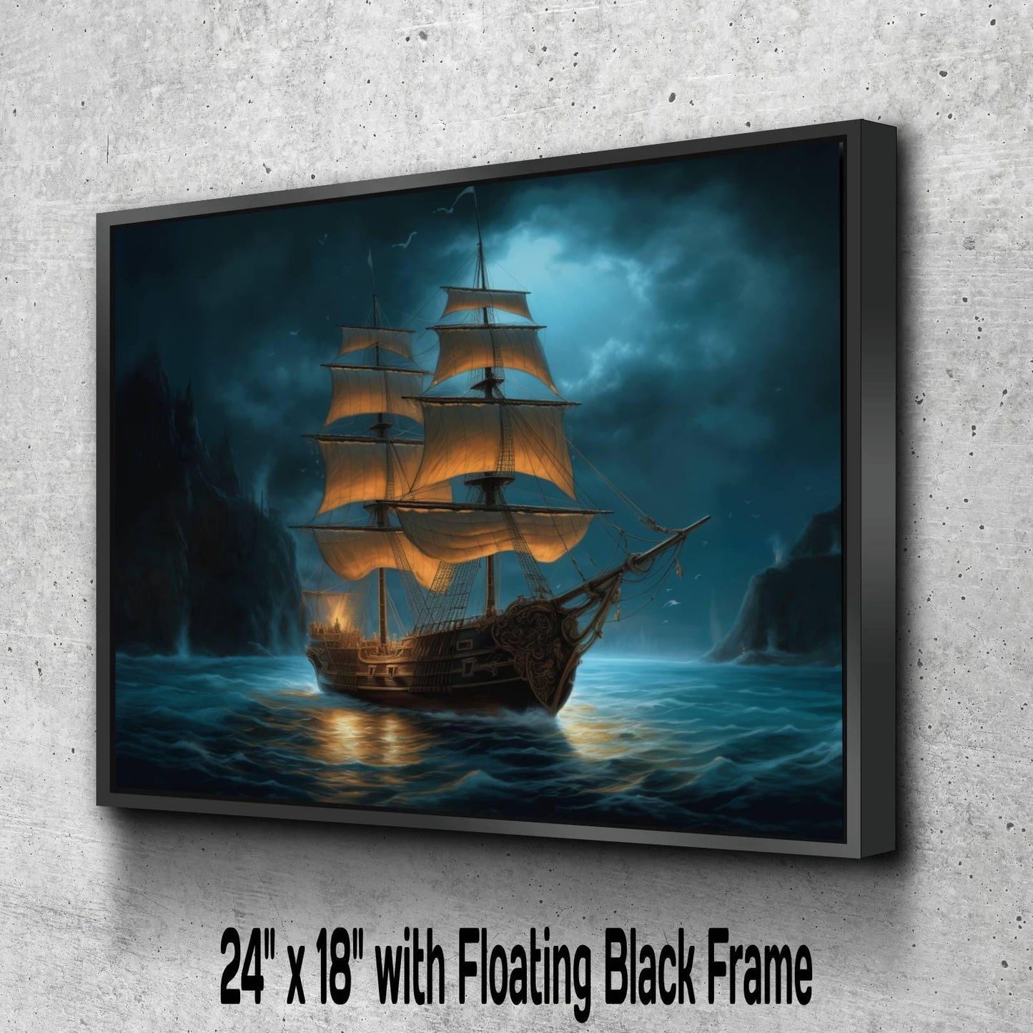 Pirate Ship at Night Canvas Art, Glowing Sails Ocean Print, Dark Nautical Wall Decor, Moonlit Maritime Painting, Sailing Ship Artwork