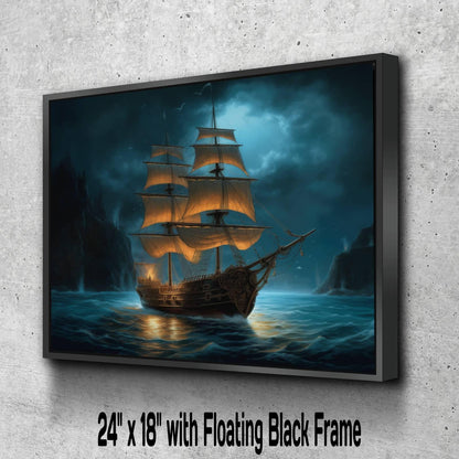 Pirate Ship at Night Canvas Art, Glowing Sails Ocean Print, Dark Nautical Wall Decor, Moonlit Maritime Painting, Sailing Ship Artwork