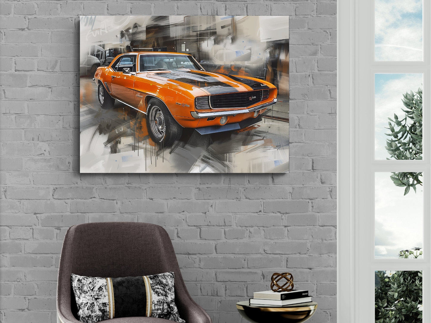 1969 Chevrolet Camaro Z/28 Canvas Print | Vintage Auto Wall Art Decor | Orange/Black SS/RS Retro Muscle Car | Car Lovers Mancave Decore