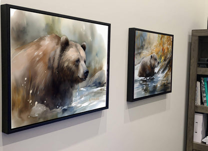 two framed paintings of bears hanging on a wall.