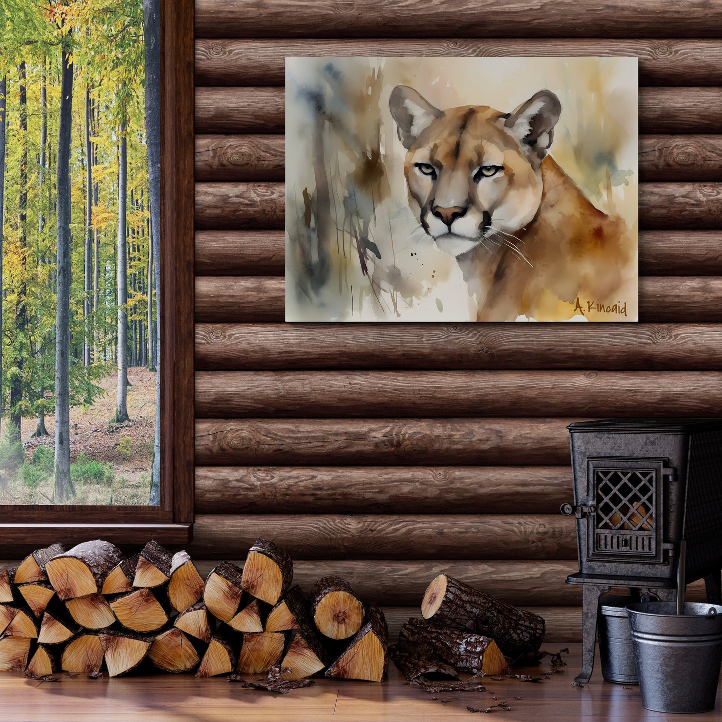 Mountain Lion Portrait  | Canvas Print | Wildlife Art | Cabin Art | Forest Art | Archer Kincaid