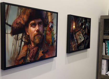 Pirate Captain with Parrot Canvas, Macaw Bird Portrait Print, Colorful Nautical Wall Decor, Oil Painting Style Maritime Artwork