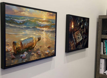 Message in Bottle Canvas, Pirate Beach Sunset Print, Romantic Ocean Wall Decor, Seashell Shore Oil Painting Style, Maritime Mystery