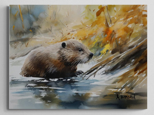 a painting of a beaver in a river
