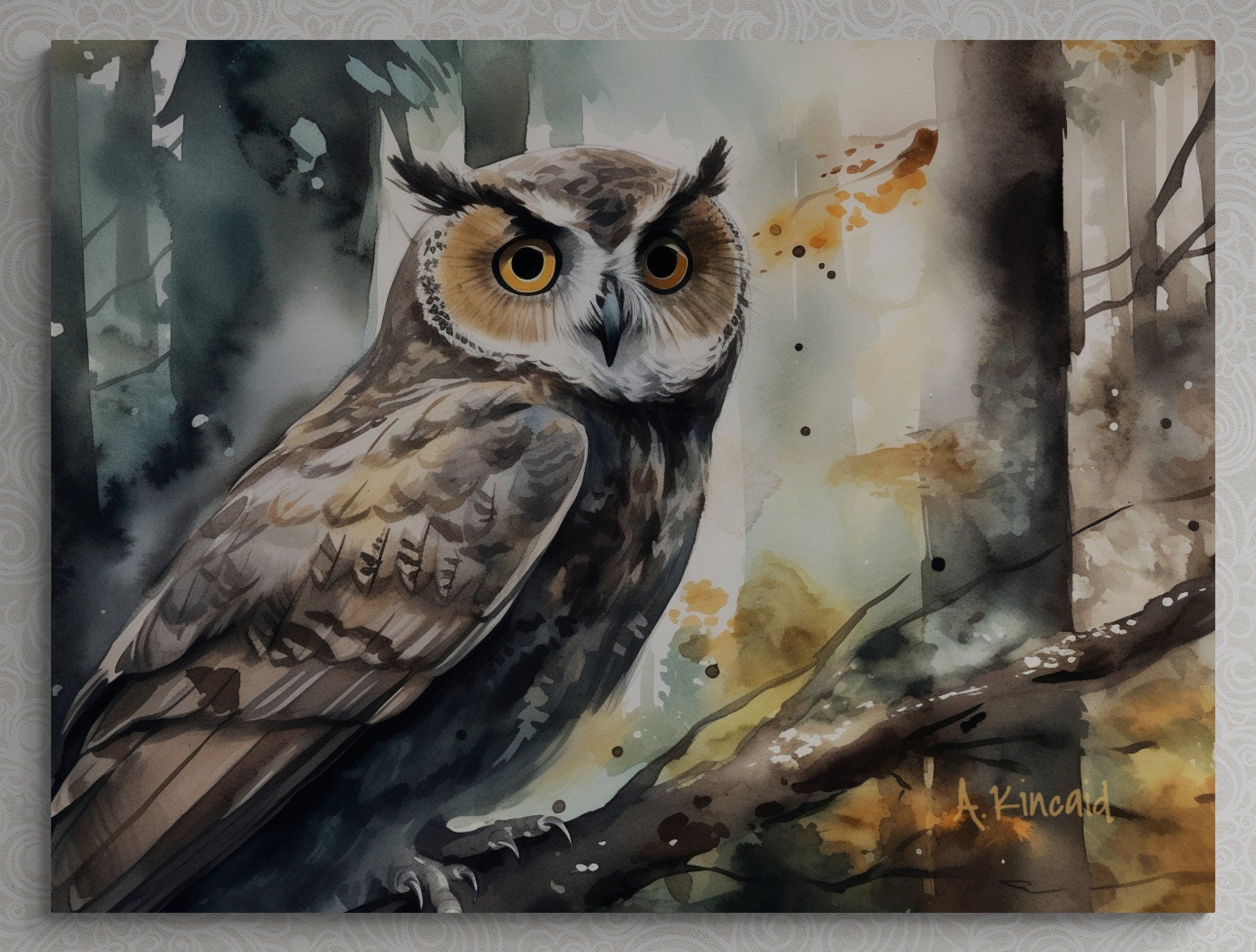 a painting of an owl perched on a tree branch