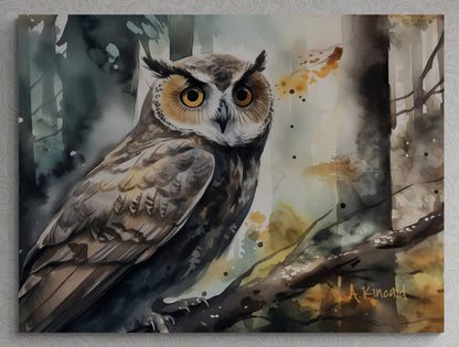 a painting of an owl perched on a tree branch