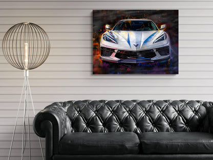 2025 C8 Corvette White Front View Canvas Wall Art | Chevrolet Sportscar Print | Modern Auto Poster | Car Lover Gift | C8 Vette Car Lover