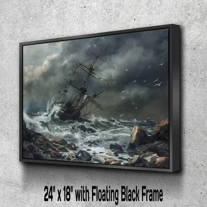 Shipwreck on Rocks Canvas, Storm Disaster Print, Pirate Vessel Crash Wall Decor, Dramatic Grey Seascape Painting, Maritime Tragedy