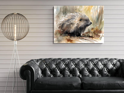 a black leather couch in a living room setting, with a painting of a porcupine hanging on the wall above it.