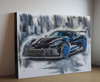 2025 Chevrolet Corvette ZR1 Canvas Print | Black Blue Sports Car Auto Wall Art | New Sports Car | Car Lovers Poster Gift | C8 Vette Chevy