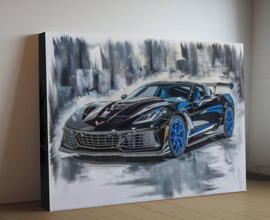 2025 Chevrolet Corvette ZR1 Canvas Print | Black Blue Sports Car Auto Wall Art | New Sports Car | Car Lovers Poster Gift | C8 Vette Chevy