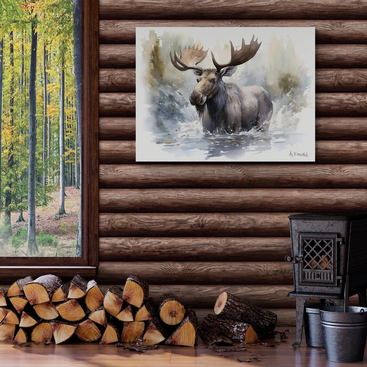 Moose in River #1 | Canvas Print | Wildlife Art | Cabin Art | Forest Art | Archer Kincaid