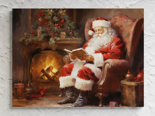Santa Reading By The Fireplace Canvas Print - Cozy Christmas Scene Canvas Print, Santa Claus Relaxing, Holiday Decor, Festive Artwork