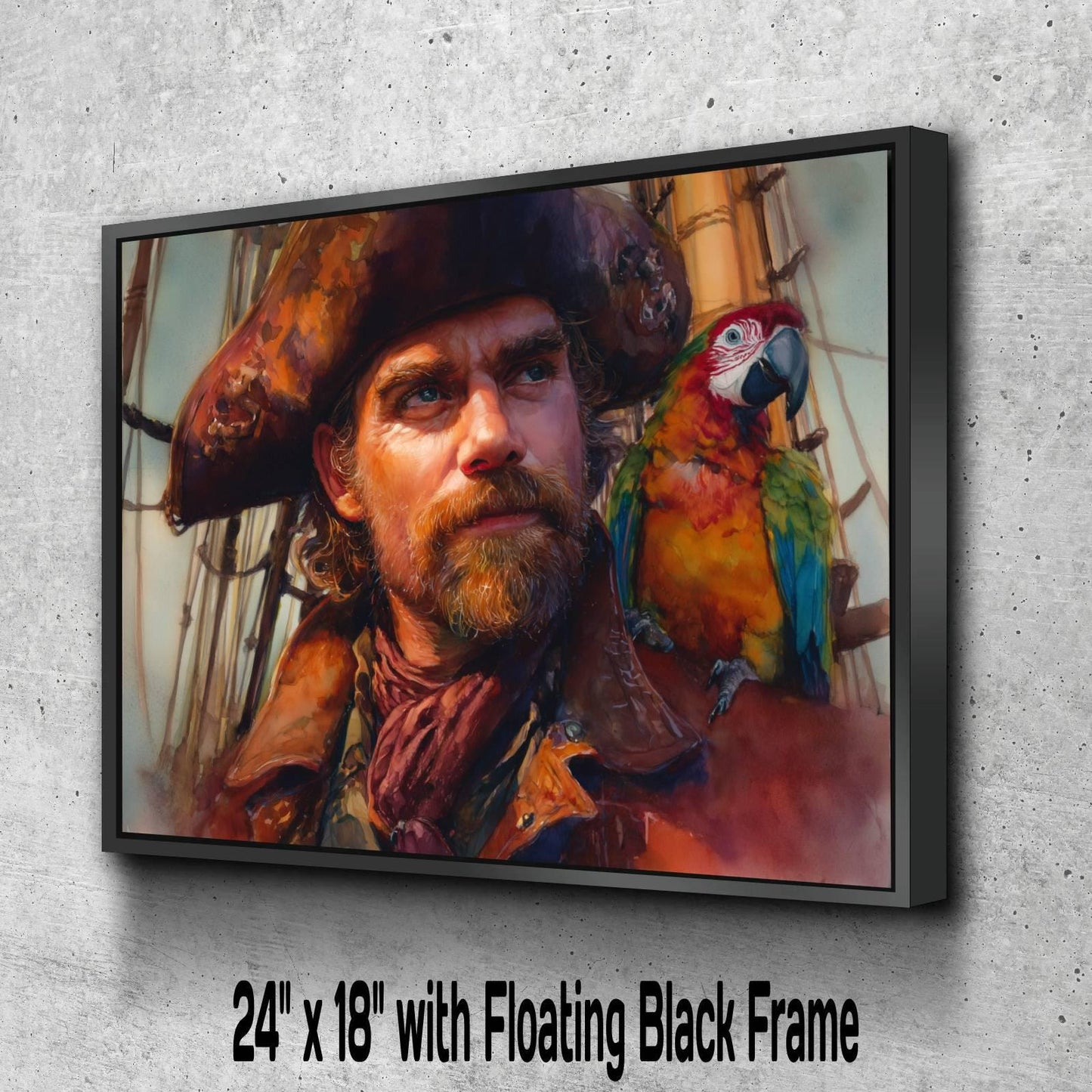 Pirate Captain with Parrot Canvas, Macaw Bird Portrait Print, Colorful Nautical Wall Decor, Oil Painting Style Maritime Artwork