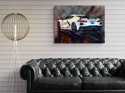 2025 C8 Corvette White Rear View Canvas Wall Art | Chevrolet Sportscar Print | Modern Auto Poster | Car Lover Gift | C8 Vette Decor