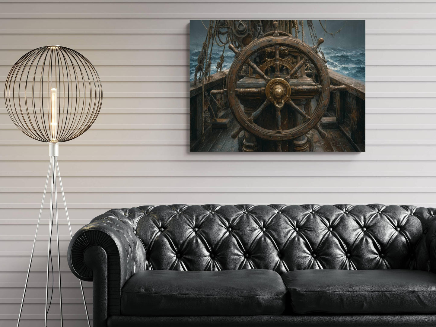 Pirate Ship Wheel Canvas, Helm Steering Print, Nautical Maritime Wall Decor, Weathered Wooden Deck Painting, Captain's Command