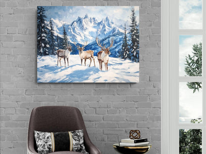 Winter Reindeer Art Print | Snowy Mountain Landscape Wall Decor | Christmas Caribou Nature Painting | Alpine Wildlife Scene | Xmas Animals