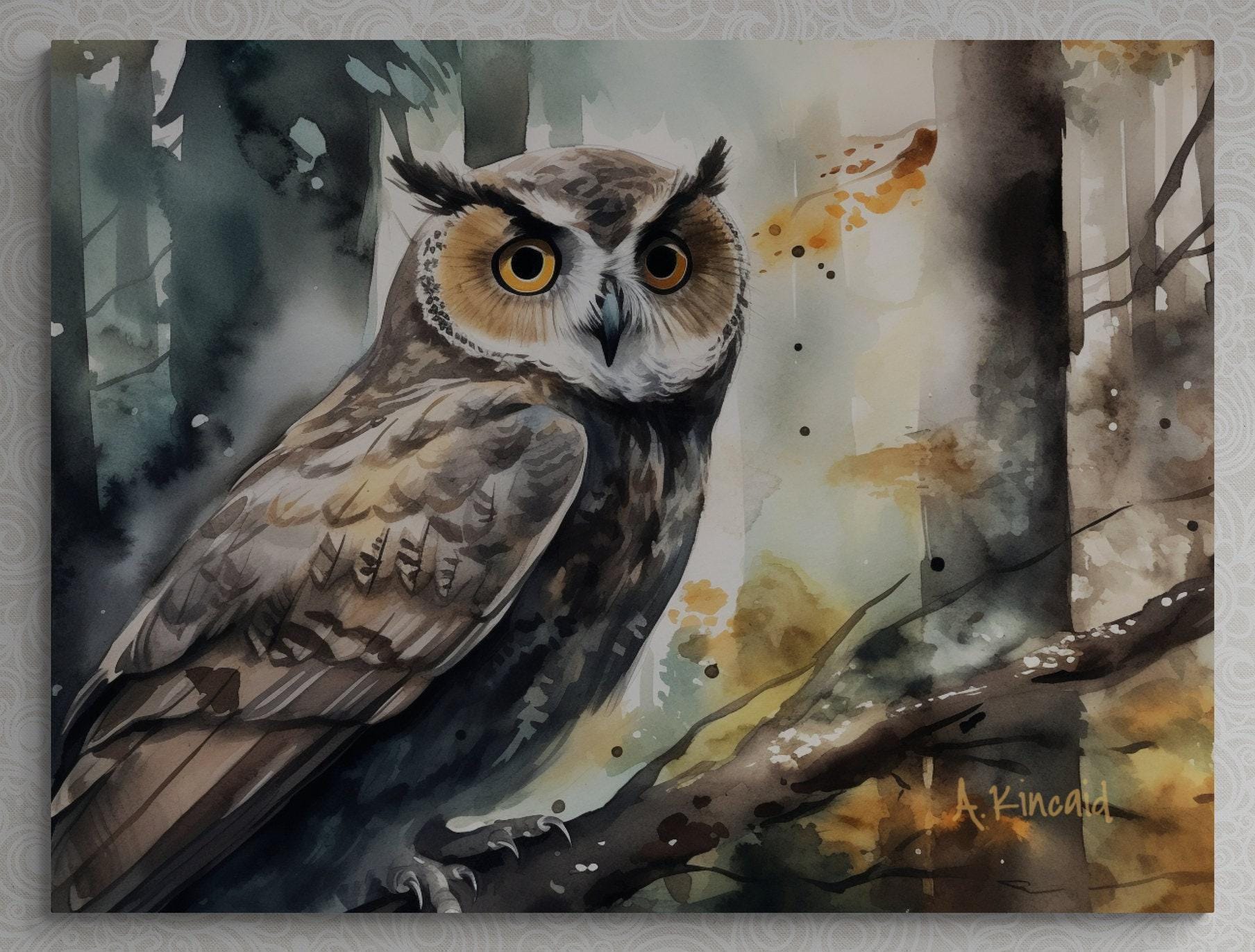 a painting of an owl perched on a tree branch
