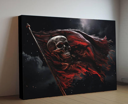 Red Pirate Flag Canvas, Skull Jolly Roger Wall Art, Gothic Nautical Print, Dark Maritime Decor, Weathered Battle Flag Painting