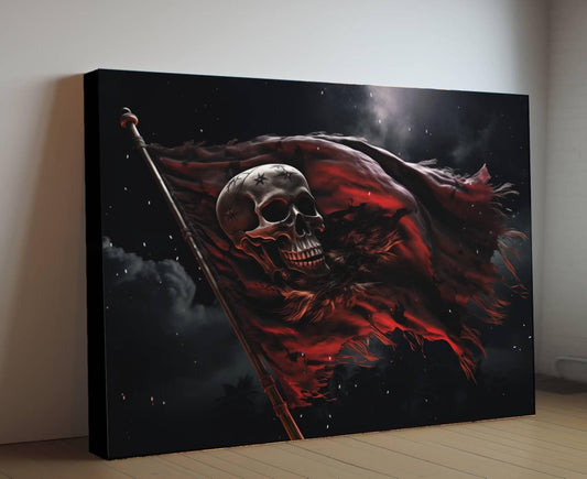 Red Pirate Flag Canvas, Skull Jolly Roger Wall Art, Gothic Nautical Print, Dark Maritime Decor, Weathered Battle Flag Painting