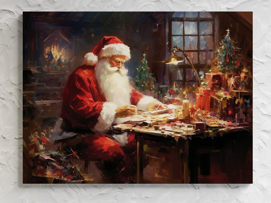 Vintage Santa Claus Canvas Print, Christmas Eve Planning Scene, Festive Workshop Art, Holiday Decor, Seasonal Wall Art, Gift for Christmas